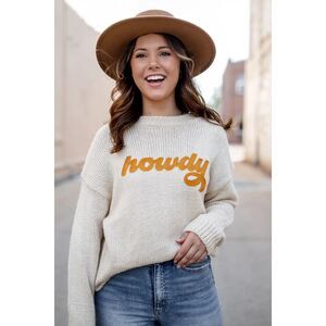 NWT Gameday Social Crew Neck Cream Boho Western Graphic Howdy Sweater Size Mediu